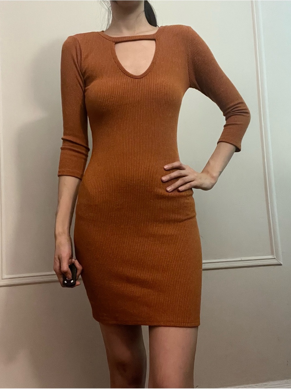 Charlotte Russe Ribbed Cutout Bodycon Dress in Rust Orange